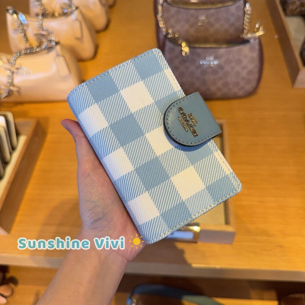 NWT Coach Medium Corner Zip Wallet With Gingham Print CFA18 Gold/Blue Multi